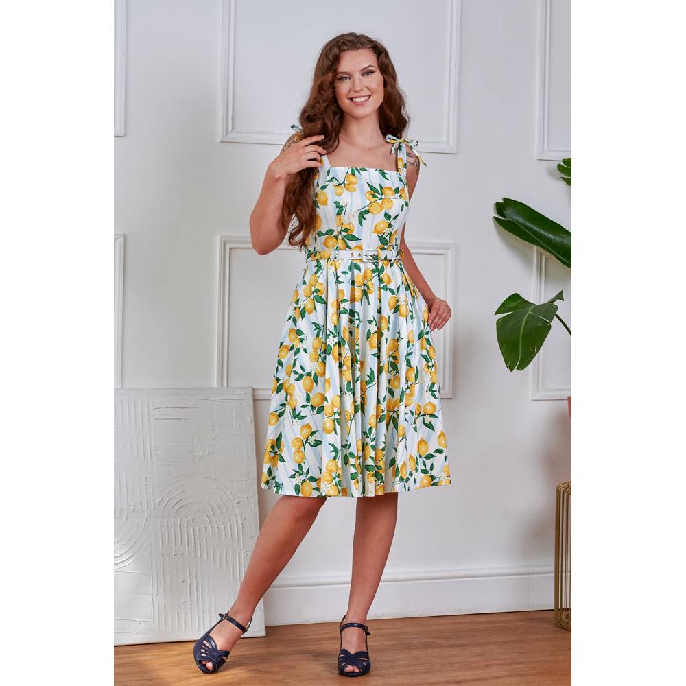 Banned - June Lemon And Stripes Swing Flare jurk - Creme